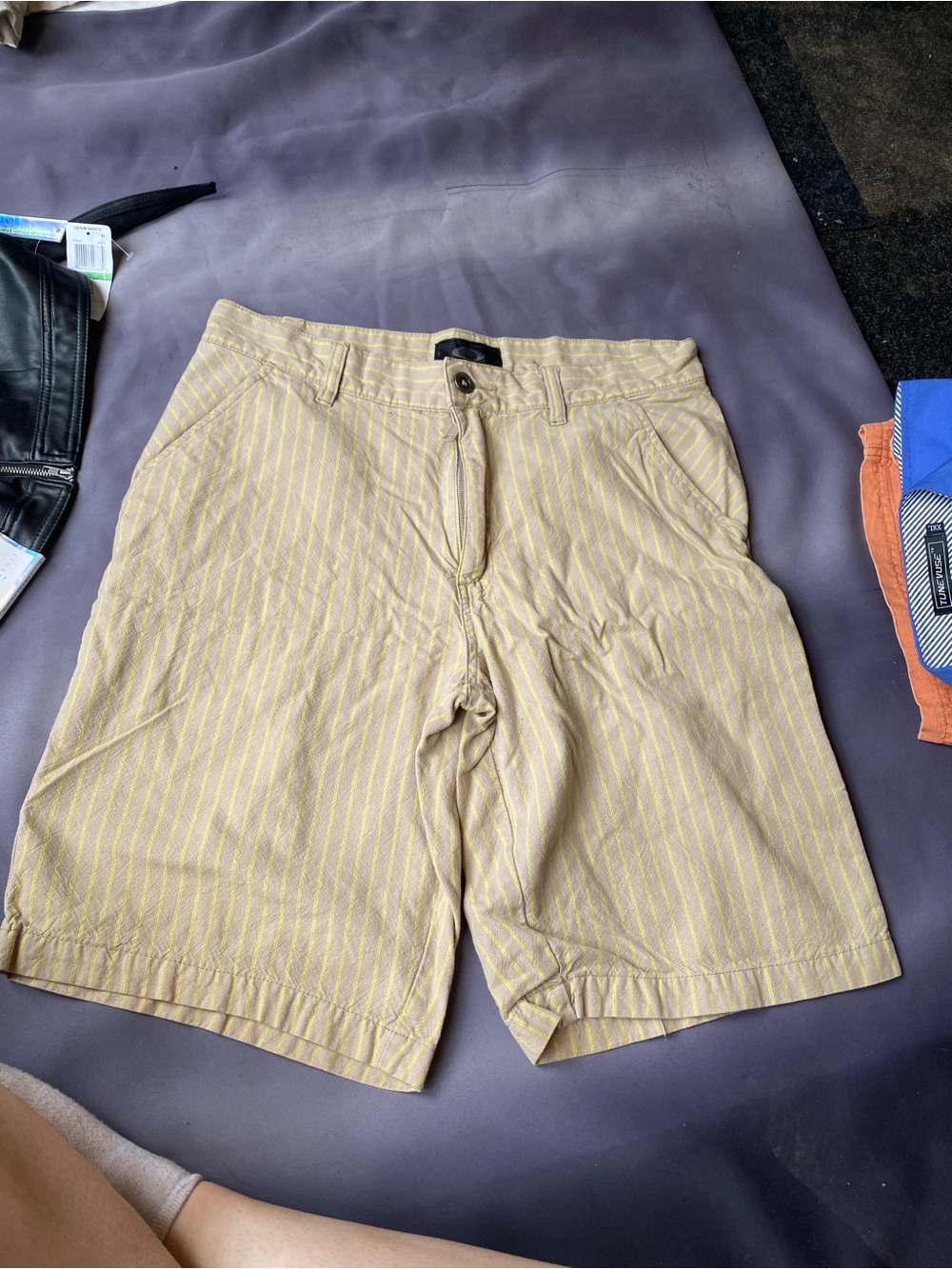 Oakley Men's Tan Shorts with Yellow Pinstripes
